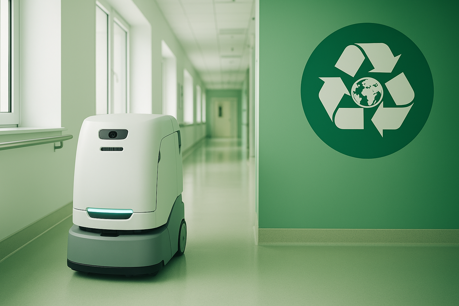 Das Bild zeigt einen Reinigungsroboter auf einem Krankenhausflur zusammen mit dem Symbol für Kreislaufwirtschaft